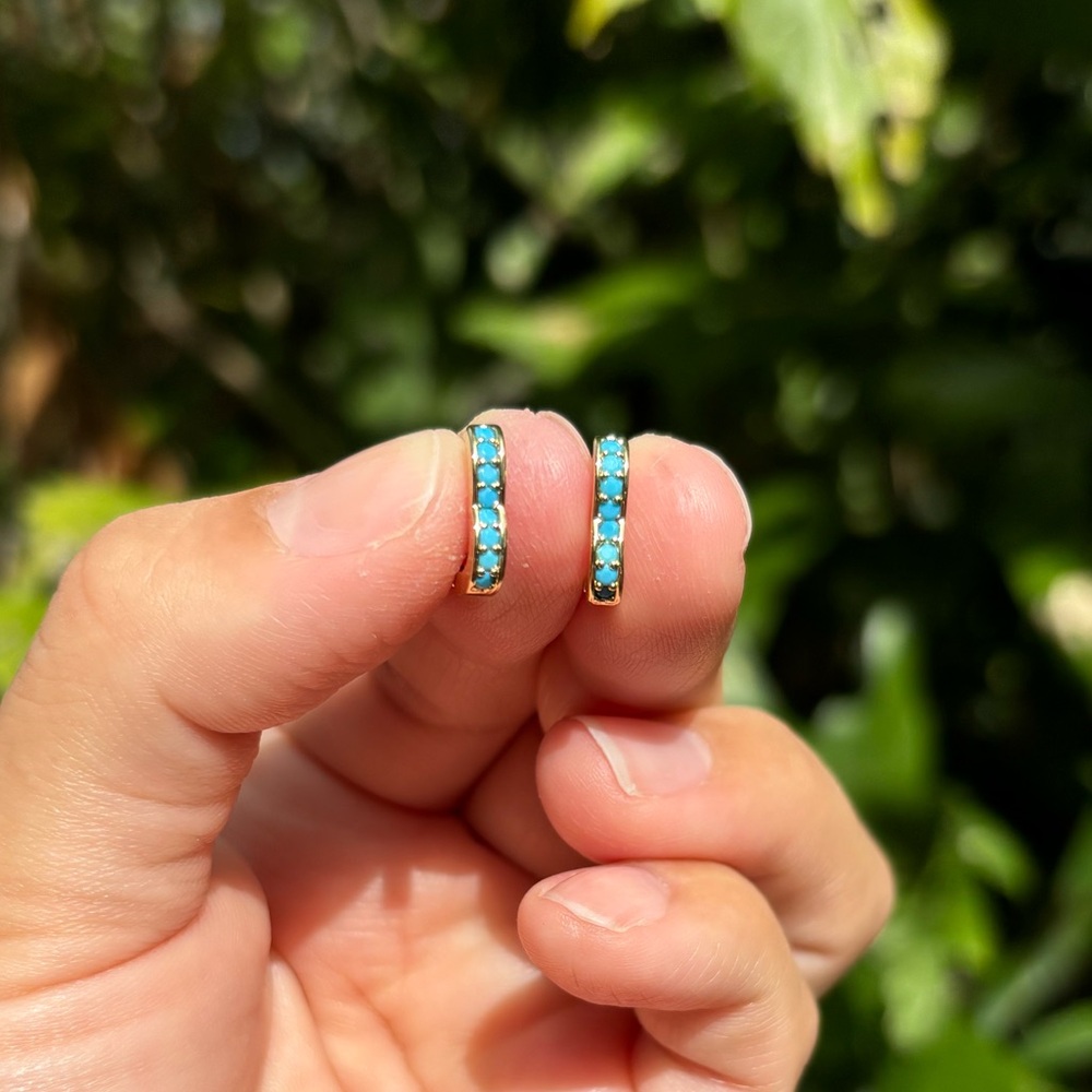 18K Gold Plated Stainless Steel Turquoise Stone Small Heart Hoop Earrings